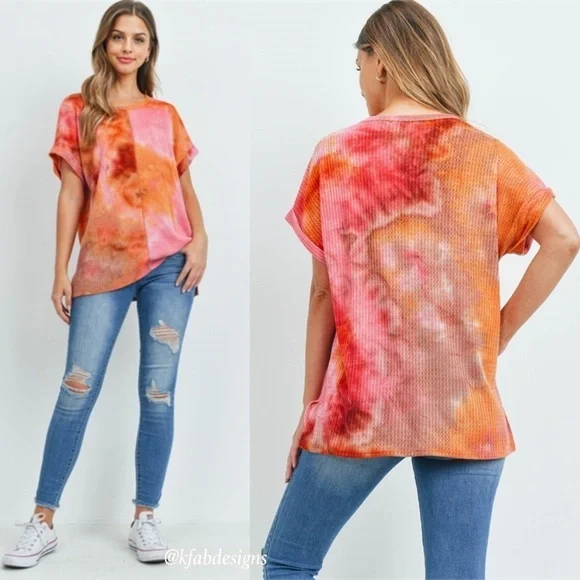 LAST 1! So Soft Vibrant Pink/Peach Waffle Knit Reverse Stitch Top! - Picture 4 of 5